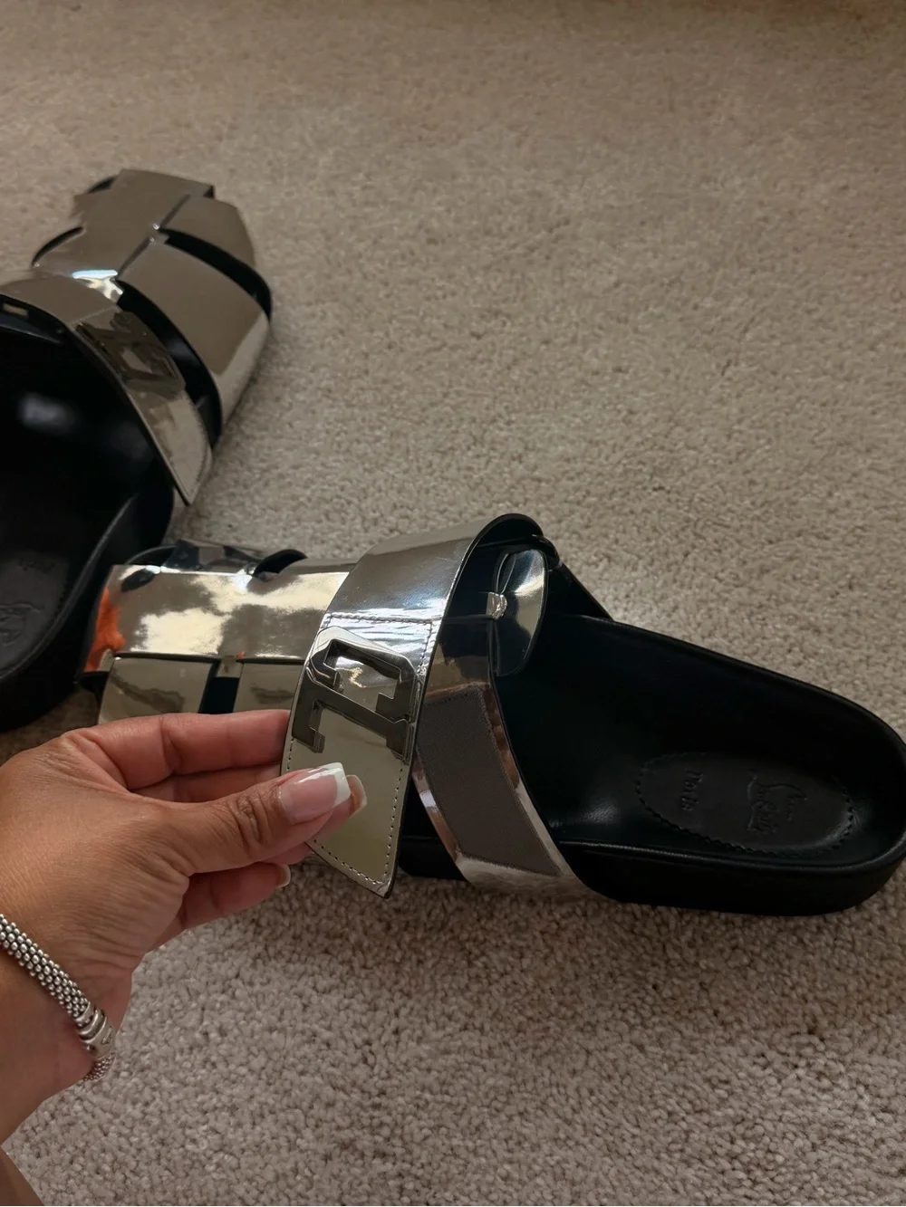 Christian Louboutin Silver Leather Slide Sandals with Red Toe Accent